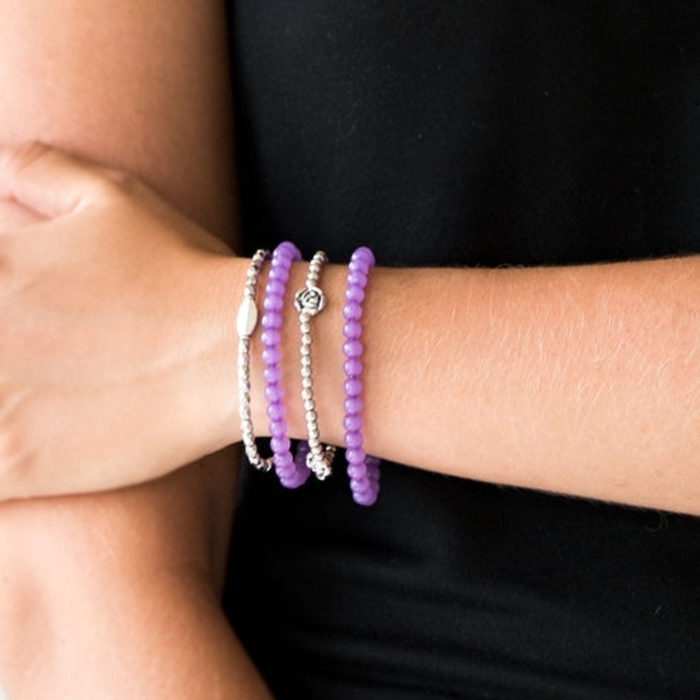 Blooming Buttercups Purple and Silver Beaded Bracelet Set
